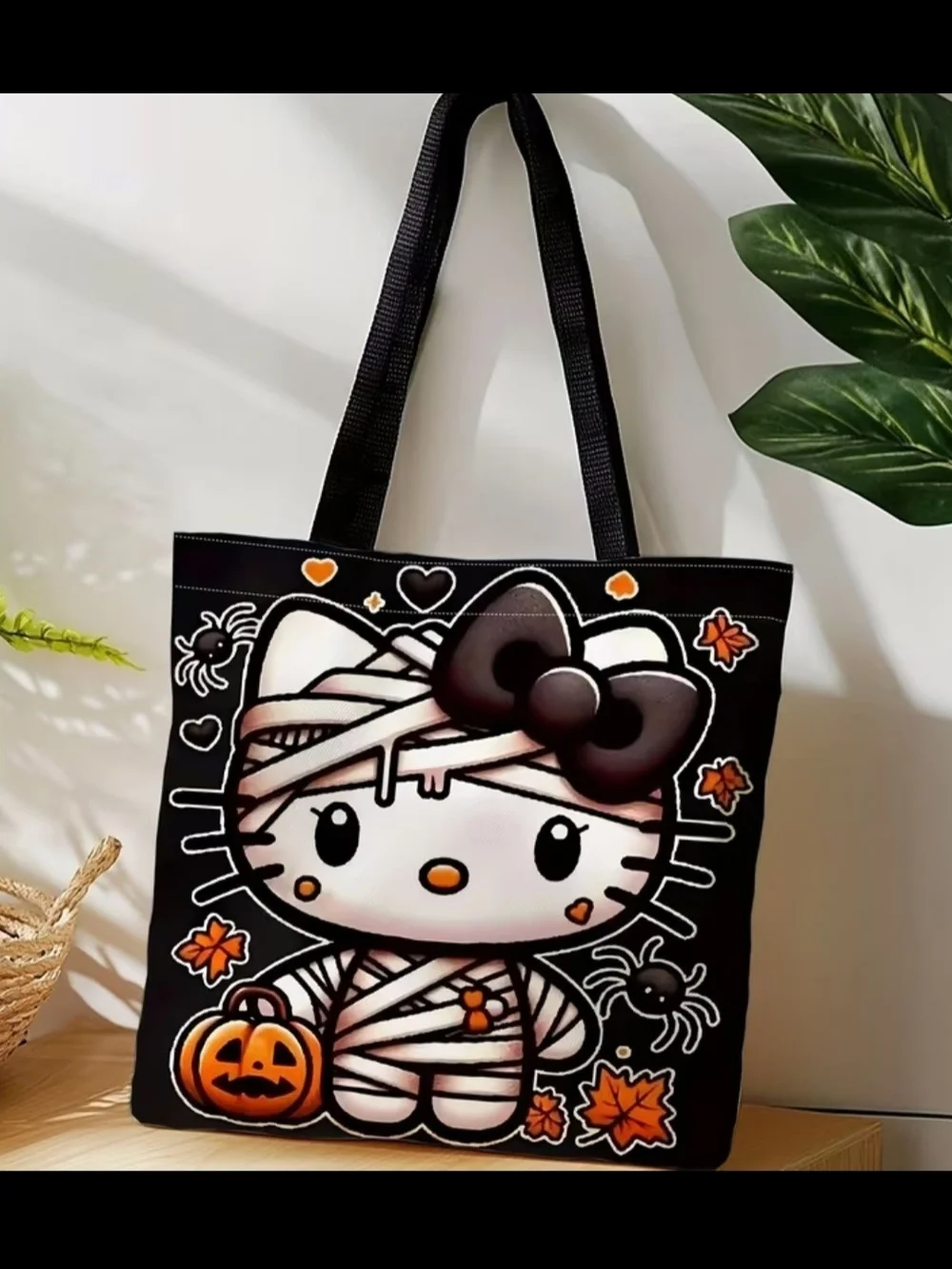 Black Halloween Kitty Tote Bag with Pumpkin